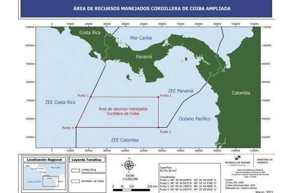 Mapa que muestra el área de recursos manejados. Con la expansión, Panamá suma 50,518.84 km2 adicionales al área protegida de Coiba.