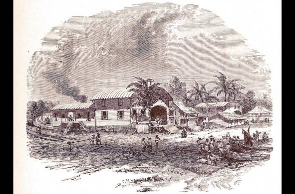 Muelles y galpones de la primera estación del ferrocarril en La Ciénaga, desde la bahía de Panamá.