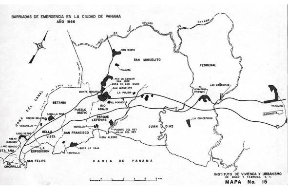 En este mapa la localización de las conocidas como “barriadas brujas”, publicado en el plan de Panamá de 1968. Estudio comisionado para entender las dinámicas urbanas en la ciudad de Panamá.