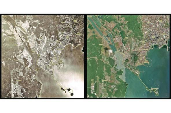 Imagen compuesta comparativa de fotografía aérea en blanco y negro de 1950, y satelital a colores de 2021, con división administrativa y nombres de corregimientos actuales.