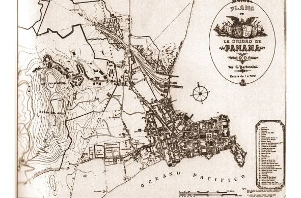 Plano de la ciudad de Panamá para 1904 elaborado por C. Bertoncini. Muestra la ciudad poco después de la separación de Colombia y antes de la construcción del Canal de Panamá. Destacan las áreas de expansión hacia el noreste, más allá de la línea del ferrocarril, donde se encontraban poblados como San Miguel, El Marañon y Guachapali.