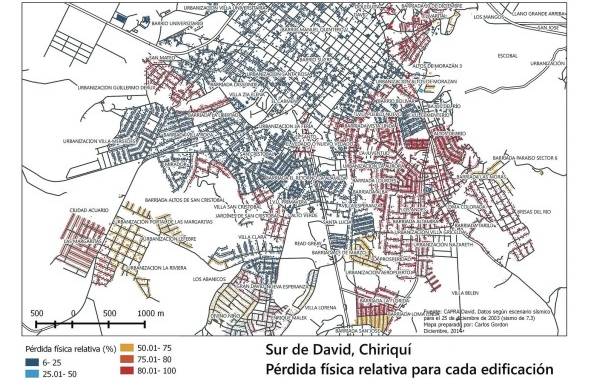 En este mapa presentamos un análisis probabilístico de la ocurrencia de sismos en el sur de la ciudad de David y la pérdida esperada debido a afectaciones en las viviendas.