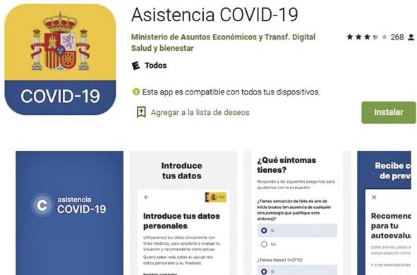 Asistencia Covid-19, la 'app' oficial del Gobierno de España disponible en Play Store, con más de 10 mil descargas.