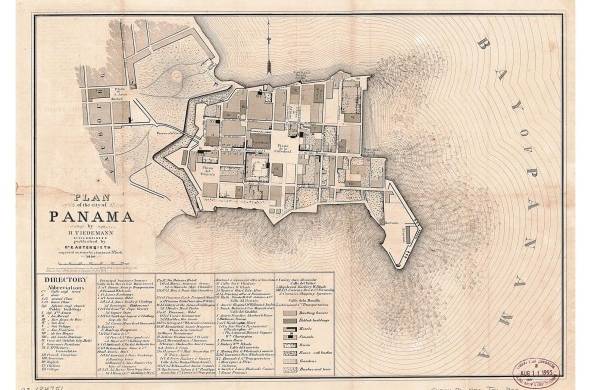 Mapa de la ciudad de Panamá para 1850, justo antes de la construcción del ferrocarril. Muestra una ciudad medieval en decadencia, con muchos solares abandonados. Se puede visibilizar el muro y el foso, del lado que daba hacia el arrabal santanero.