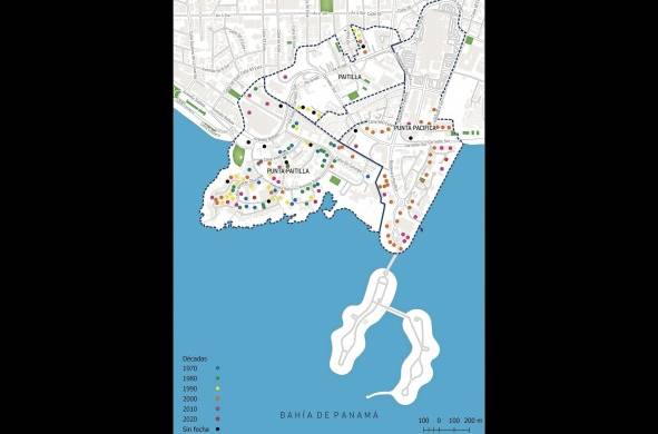 Cada punto en este mapa refleja la ubicación de un rascacielos en los sectores de Punta Paitilla, Paitilla y Punta Pacífica. Se puede observar como en Punta Paitilla los edificios han ido ocupando el espacio desde la década de 1970, mientras que Punta Pacífica es un sector que recién se empezó a urbanizar con el inicio del siglo XXI.