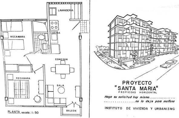 Plano arquitectónico y vista del diseño de los edificios conocidos como Santa María y construidos sobre la Avenida Ricardo J. Alfaro, área de expansión urbana de la ciudad de Panamá en la década de 1970.
