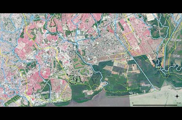 Imagen comparativa del Humedal Bahía de Panamá 1965, fotografía aérea del Instituto Geográfico Nacional 'Tommy' Guardia, con fotografía satelital de Google Earth en 2020 y límites de cuencas.