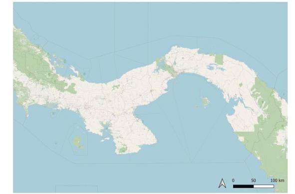Mosaico de Panamá utilizando las teselas del mapa en el “estilo estándar” en www.openstreetmap.org. Obra producida por la Fundación OpenStreetMap usando datos de OpenStreetMap.