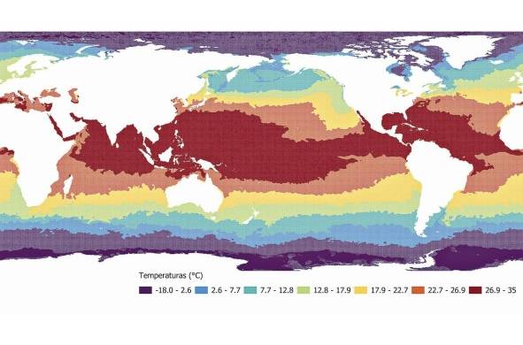 Esta imagen representa las temperaturas superficiales del océano en grados centígrados, que este mes de julio fueron las más altas registradas para esta época del año, probablemente durante los últimos 100.000 años.