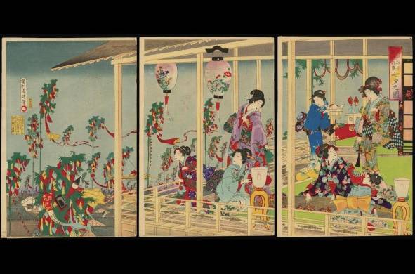 Una celebración tanabata, plasmada en un ukiyoe de Toyohara Chikanobu circa 1885