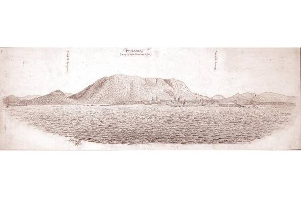 Vista de la ciudad de Panamá desde Naos, con montañas de fondo. Las notas verticales en el boceto dicen: 'Camino a Gorgona' y 'Camino a Cruces'.