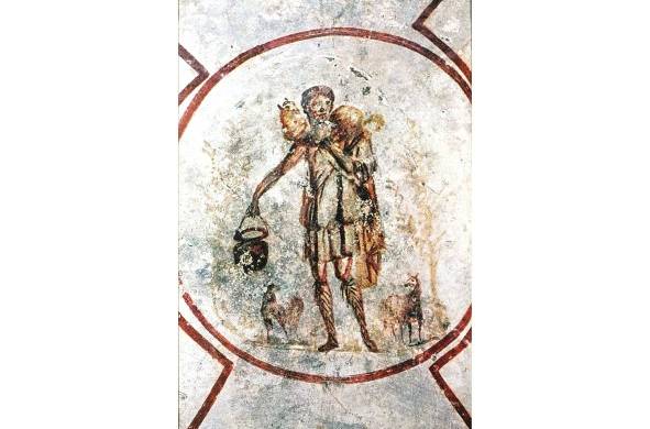 Fresco del buen pastor, encontrado en unas catacumbas que eran usadas hasta el 313 d.C. Pertenece a la pintura del arte paleocristiano.