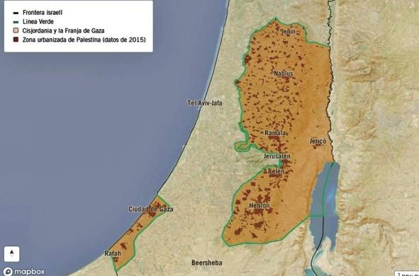 Mapa de Israel (2021): La línea verde sobre el mapa indica la frontera (anterior) a 1967, es la línea de demarcación establecida entre los ejércitos de Israel y los de sus vecinos (Egipto, Jordania, Líbano y Siria) después de la guerra árabe-israelí de 1948. Sirvió como frontera 'de facto' del Estado de Israel desde 1949 hasta la Guerra de los Seis Días en 1967.