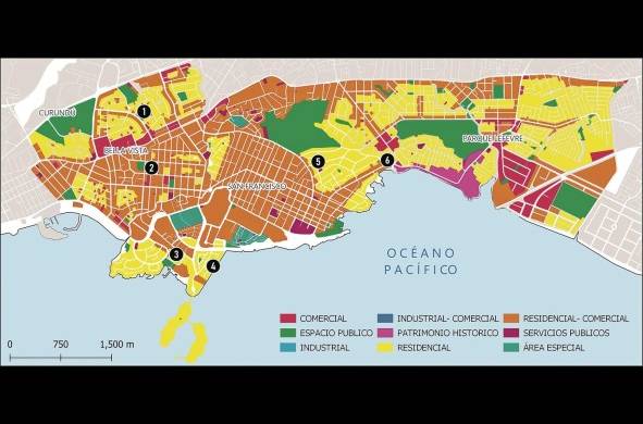 Mapa de la zonificación de la ciudad a 2018, con localización de algunos casos de demandas ante la Corte Suprema: 1. Demanda presentada por moradores de El Cangrejo ante cambios de uso solicitados para tres fincas cercanas al parque Andrés Bello en 2002; 2. Demanda presentada por PH Brisas de Obarrio contra cambio de zonificación aprobado por el Miviot en 2007; 3. Demanda presentada por Asociación de Vecinos Urbanización Punta Paitilla, por cambio de uso aprobado por el Miviot en 2008; 4. Demanda presentada por Eric Prado en contra de aprobación de EIA por parte de Arap y MiAmbiente en 2019; 5. Demanda presentada por Asociación de Residentes de la Urbanización Altos del Golf, Loma Alegre y áreas aledañas en contra de permiso de construcción expedido por el Mupa en 2015; 6. Demanda presentada por PH Bahía del Golf en contra del permiso de construcción expedido por el Mupa en 2018.
