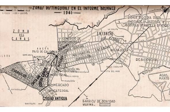 Zonas distinguidas en el informe Brunner; mapa del libro La ciudad de Panamá, de Ángel Rubio, 1950.