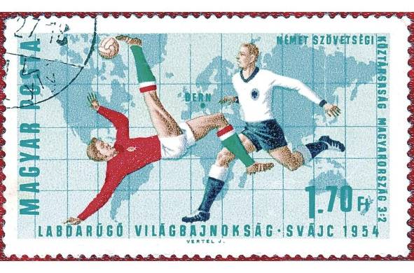 Estampilla húngara emitida en 1966 en homenaje a la final de Suiza 1954, disputada entre Alemania Federal y Hungría, de la serie “Copa Mundial”.