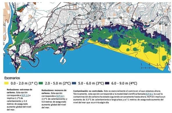 Mapa de áreas inundables por aumento del nivel del mar en la ciudad de Panamá: este mapa muestra las zonas que se verían afectadas por un incremento de la temperatura media global de 1 ºC (amarillo), 2 ºC (verde), 3 ºC (celeste) y 4 ºC (azul oscuro).