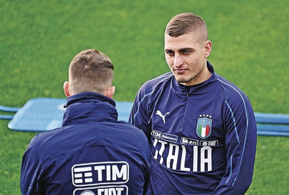 Marco Verratti durante un entrenamiento con la Selección de Italia.