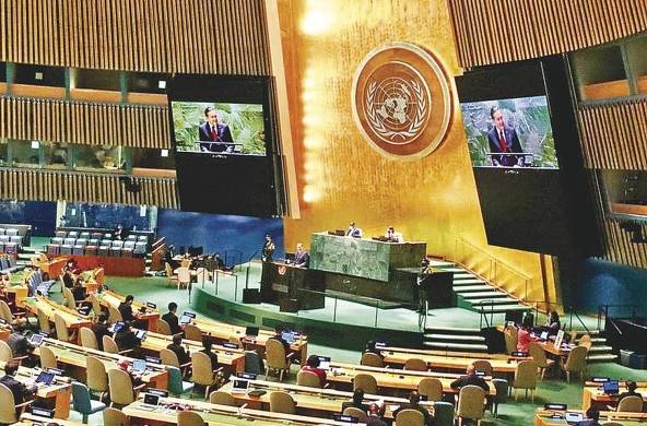 El presidente Laurentino Cortizo durante su intervención en la Asamblea General 76 de las Naciones Unidas.