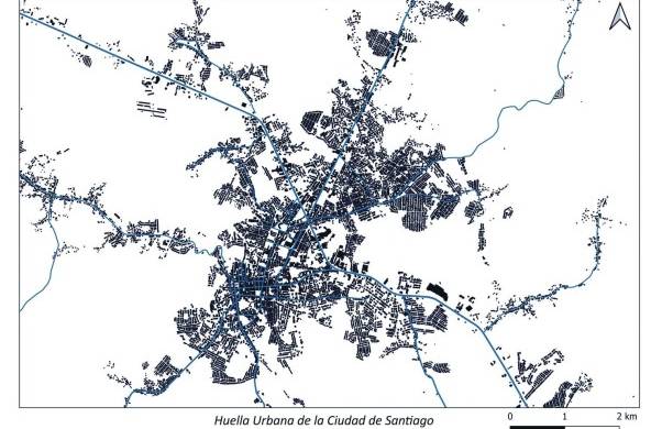 Mapa de huella urbana de la ciudad de Santiago, según los datos de OSM.