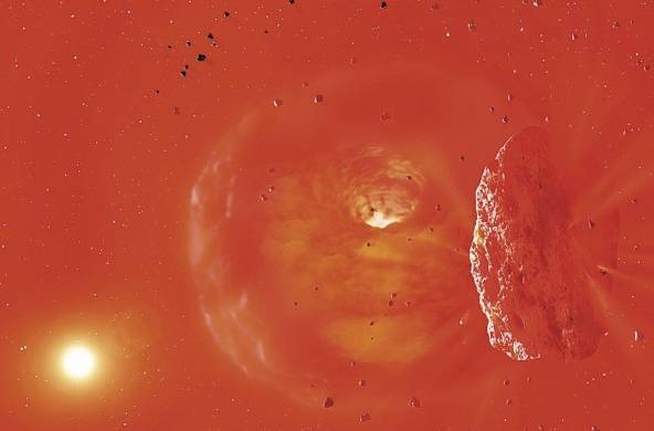 Impresión artística del enorme y brillante cuerpo planetario producido por una colisión planetaria.