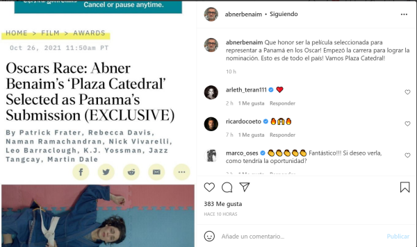 Publicación del director panameño Abner Benaim en su cuenta de Instagram