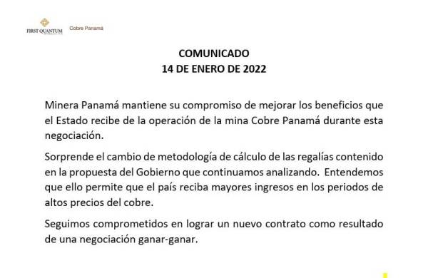 Minera Panamá analiza propuesta del Gobierno en cuanto a regalías