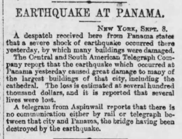 Periódico estadounidense narrando los hechos en Panamá y Colón tras el sismo.