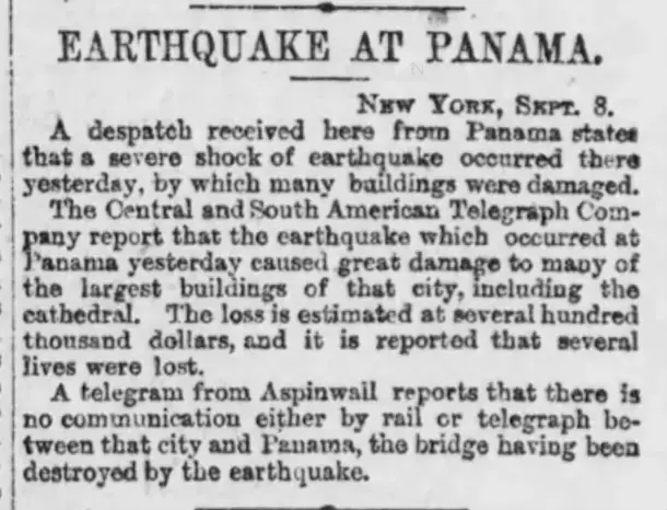Periódico estadounidense narrando los hechos en Panamá y Colón tras el sismo.