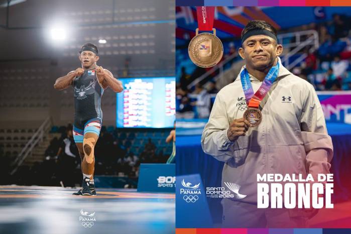 Andrés González celebra tras conquistar la medalla de bronce en los 60 kg de lucha grecorromana en Santo Domingo 2026.
