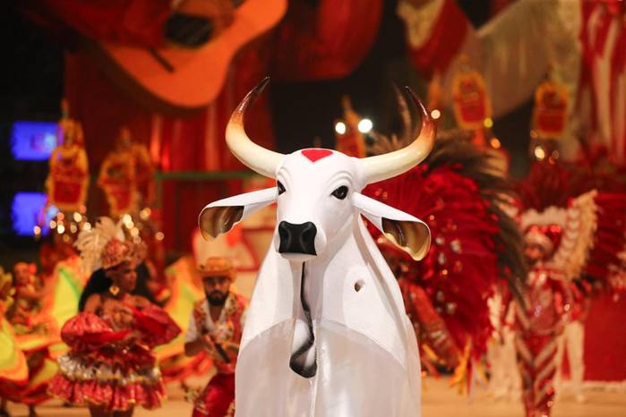 Fotografía cedida por Amazonastur donde se observa la presentación del buey Garantido, en el Bumbódromo, donde se celebra el Festival de Parintins, en la ciudad del mismo nombre, en el estado de Amazonas.