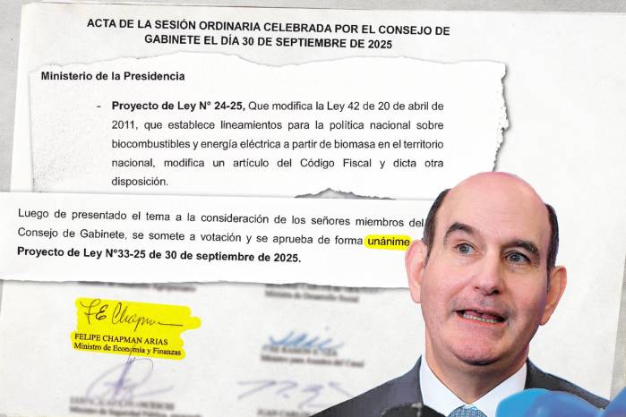 Acta de gabinete de 2025 firmada por Felipe Chapman, ministro de economía y finanzas, cuando la Presidencia presentó el proyecto del bioetanol, a pesar de que aseguró que se declaró impedido.