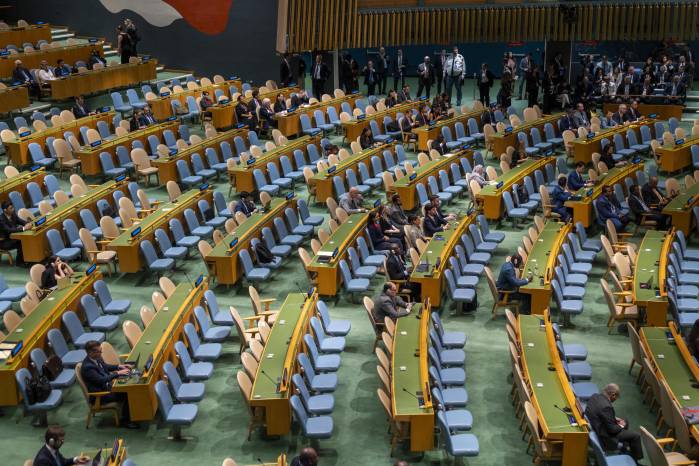 Fotografía general de la Asamblea General de la Organización de las Naciones Unidas (ONU) durante la participación del primer ministro de Israel, Benjamin Netanyahu, este viernes en Nueva York (Estados Unidos).