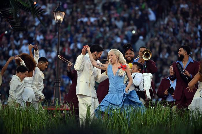 US singer-songwriter Lady Gaga and Puerto Rican singer Bad Bunny perform during Super Bowl LX Patriots vs Seahawks Apple Music Halftime Show at Levi's Stadium in Santa Clara, California on February 8, 2026. (Photo by JOSH EDELSON / AFP)