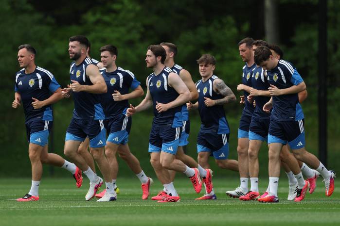 Jugadores de Escocia durante una sesión de entrenamiento de la selección escocesa, un día antes del partido del Grupo C de la Copa Mundial de la FIFA 2026 entre Haití y Escocia, en el Centro de Entrenamiento del New England Revolution, el 12 de junio de 2026, en Boston, Massachusetts.