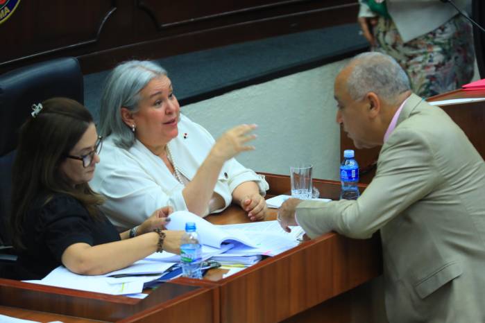 La ministra Carles y el diputado Luis Eduardo Camacho conversaban durante los recesos.