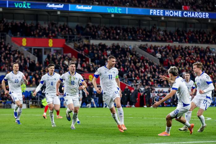 Jugadores de la selección de Bosnia y Herzegovina celebrando un gol.