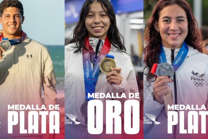 De izquierda a derecha: Agustín Cedeño conquista medalla de plata en categoría de surf Santo Domingo 2026, Ashley Castillo gana medallas de oro y plata; Emily Santos por su parte conquista la plata en natación