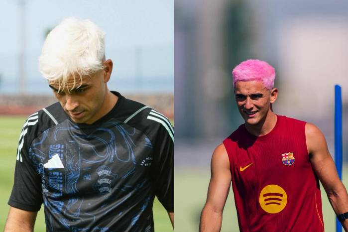 Pedri (izq.) con su cabello rubio y Gavi, con su melena rosada.