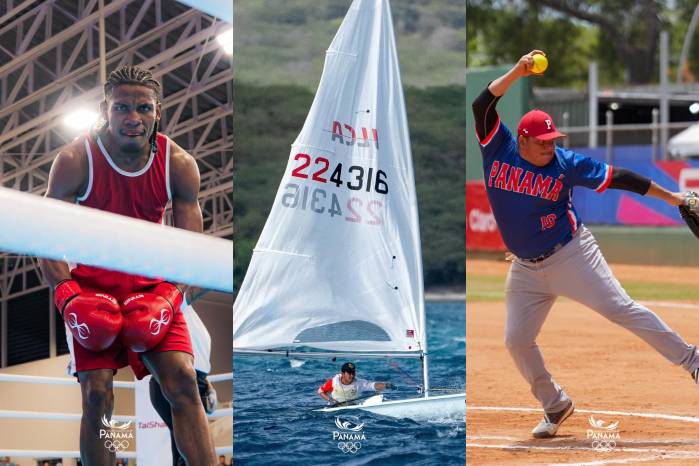 De izquierda a derecha: El boxeador Cristofer Filos, el velerista Daniel Henríquez y un integrante de la selección nacional de sóftbol durante la jornada de representación de Panamá en los XXV Juegos Centroamericanos y del Caribe Santo Domingo 2026.