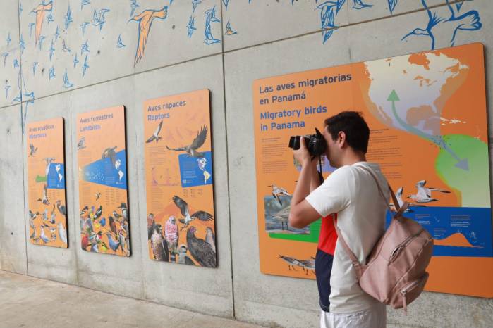 Un visitante toma una fotografía de la exhibición Parque de lal Biodiversidad.
