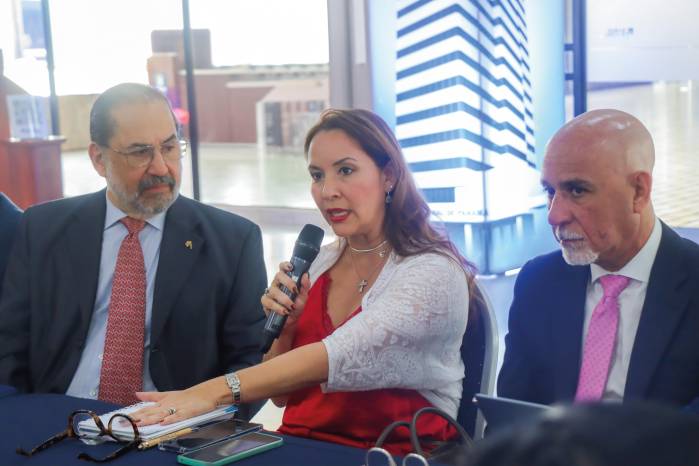 Erika Vargas de González, directora ejecutiva del Ipacoop (c), expone durante la reunión de la Coordinadora de Cooperativas; le acompañan en la mesa Javier Carrizo, gerente general del Banco Nacional (izq.) y Boris Allara, subdirector ejecutivo del Ipacoop (der.).