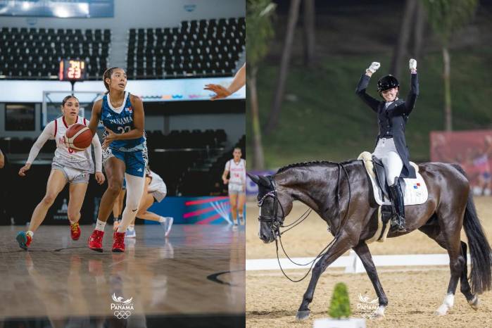 El baloncesto femenino sub-20 en la antesala de la lucha por el bronce (izquierda) y la representación de equitación destacada en la prueba de adiestramiento durante los Juegos Centroamericanos y del Caribe (derecha).