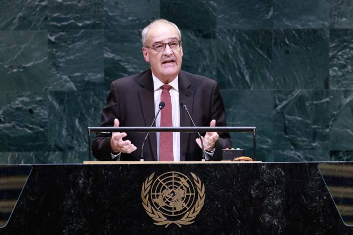 Guy Parmelin presidente de Suiza hablando en la Asamblea General de las Naciones Unidas.
