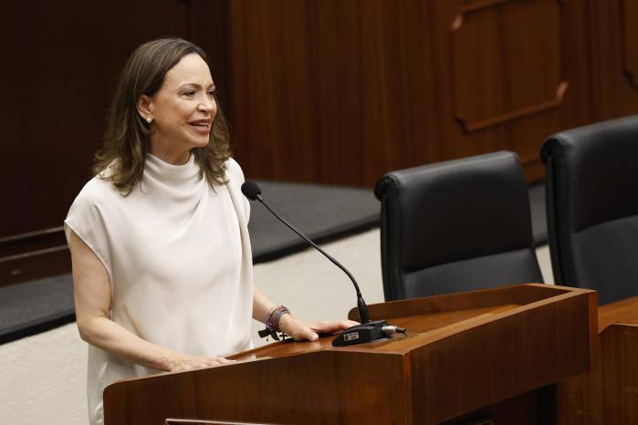 María Corina Machado hablando en la Asamblea Nacional de Panamá.