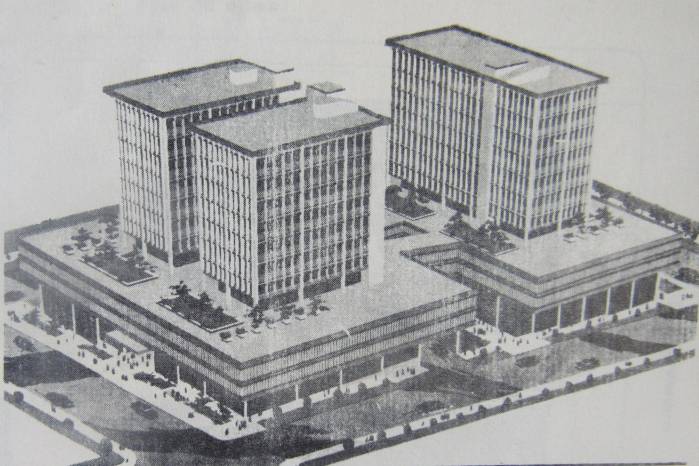 Proyecto original del edificio Hatillo, entre las avenidas Justo Arosemena y Cuba. La planta baja funciona como un gran espacio público-privado transitable, con volúmenes que resguardan de la lluvia. Nótese la torre sur no construida.