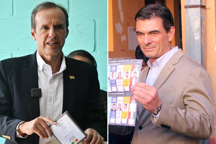 Paz Pereira (der.), del Partido Demócrata Cristiano, encabeza el conteo con el 32,2 % de los votos, mientras que Jorge Quiroga (2001-2002), de la alianza Libre, alcanza el 26,9 %.