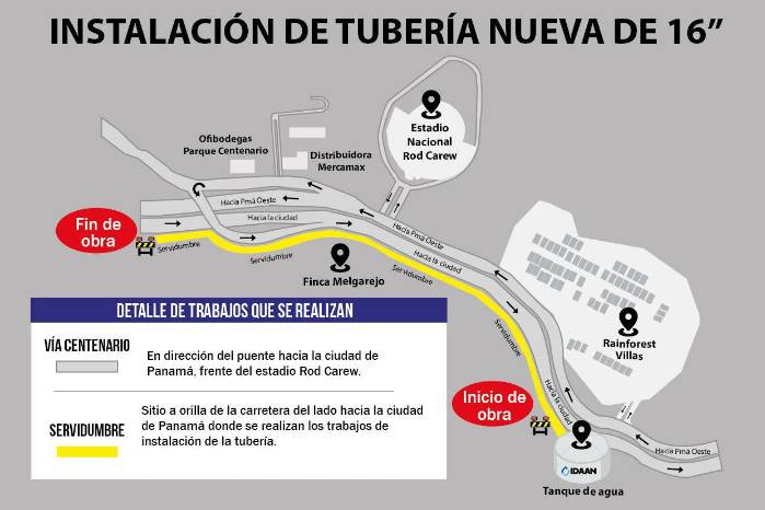 El Idaan informó que los trabajos se realizarán en la Vía Centenario, lado derecho en dirección hacia la ciudad de Panamá, frente al Estadio Rod Carew.