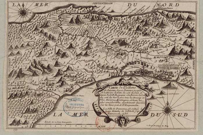 Exquemelin, A.-O. (1686). Mapa del istmo de Panamá desde Panamá hasta el río de Natá en el lado del Sur, y desde Portobelo hasta el río de Coclé en el lado del Norte. Gallica.