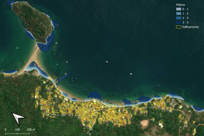 Este mapa muestra la proyección de aumento del nivel del mar al 2050 publicada por MIAMBIENTE. En el mapa se puede observar con claridad, como las zonas de playa y las edificaciones en el frente costero se verían afectadas por esta amenaza.